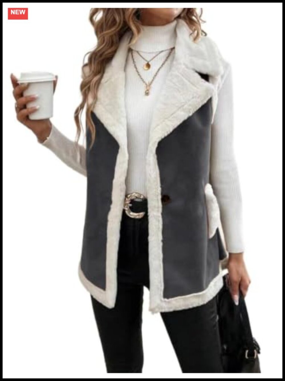 Suede Sherpa Lined Sleeveless Vest Button Down Warm Winter Coat